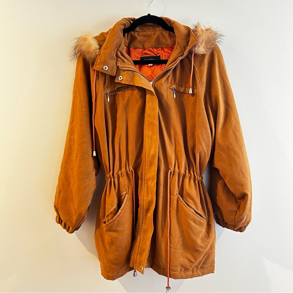 Vintage Damselle Women's Stylish Burnt Orange Utility Jacket with Fur Trim